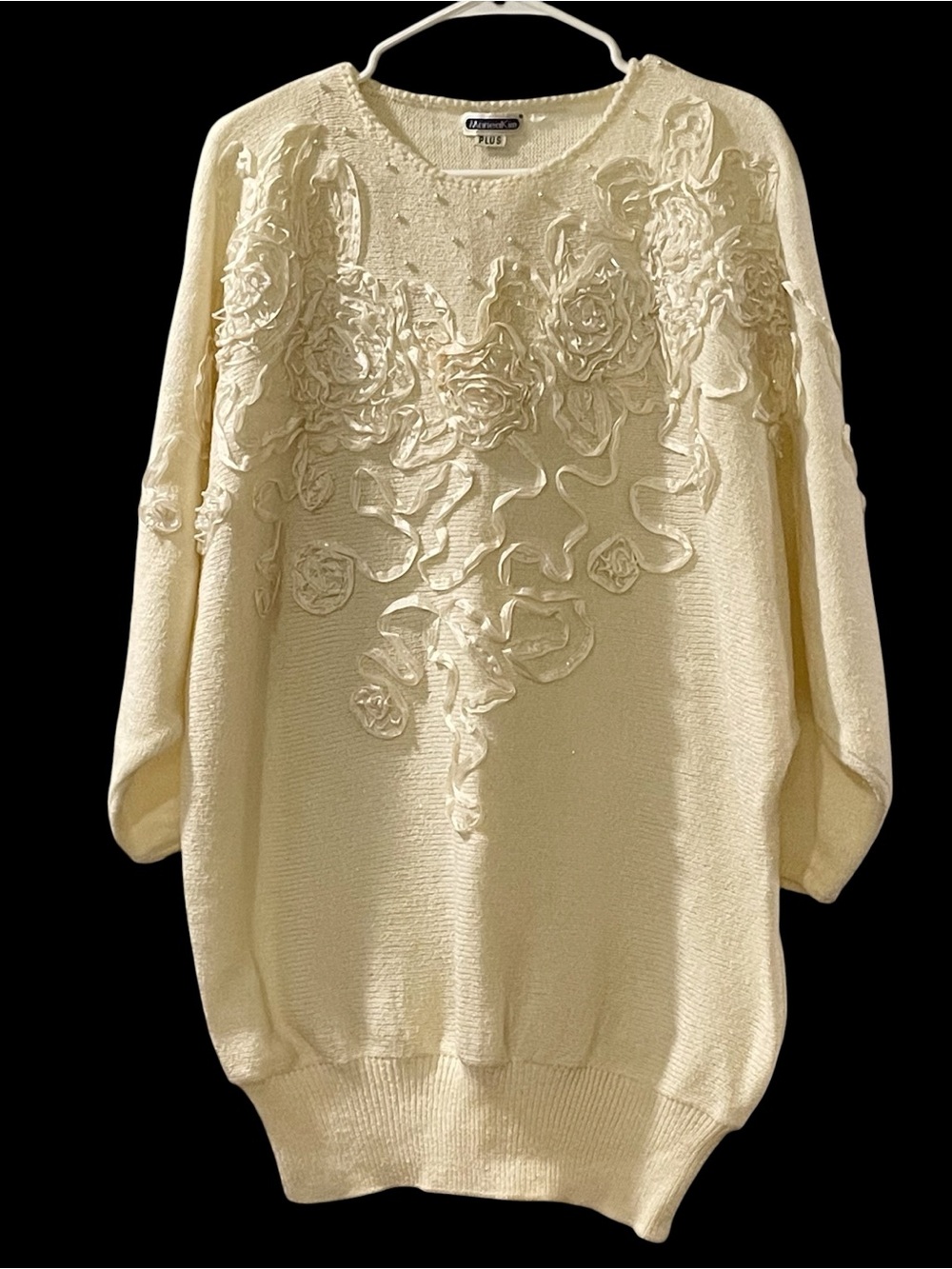 Vintage 80s Mariea Kim Plus Floral 3D Ribbon Applique Pearl Sweater Ivory XL